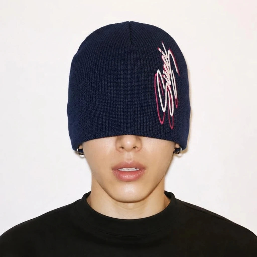 Navy Succi Skull Cap worn low