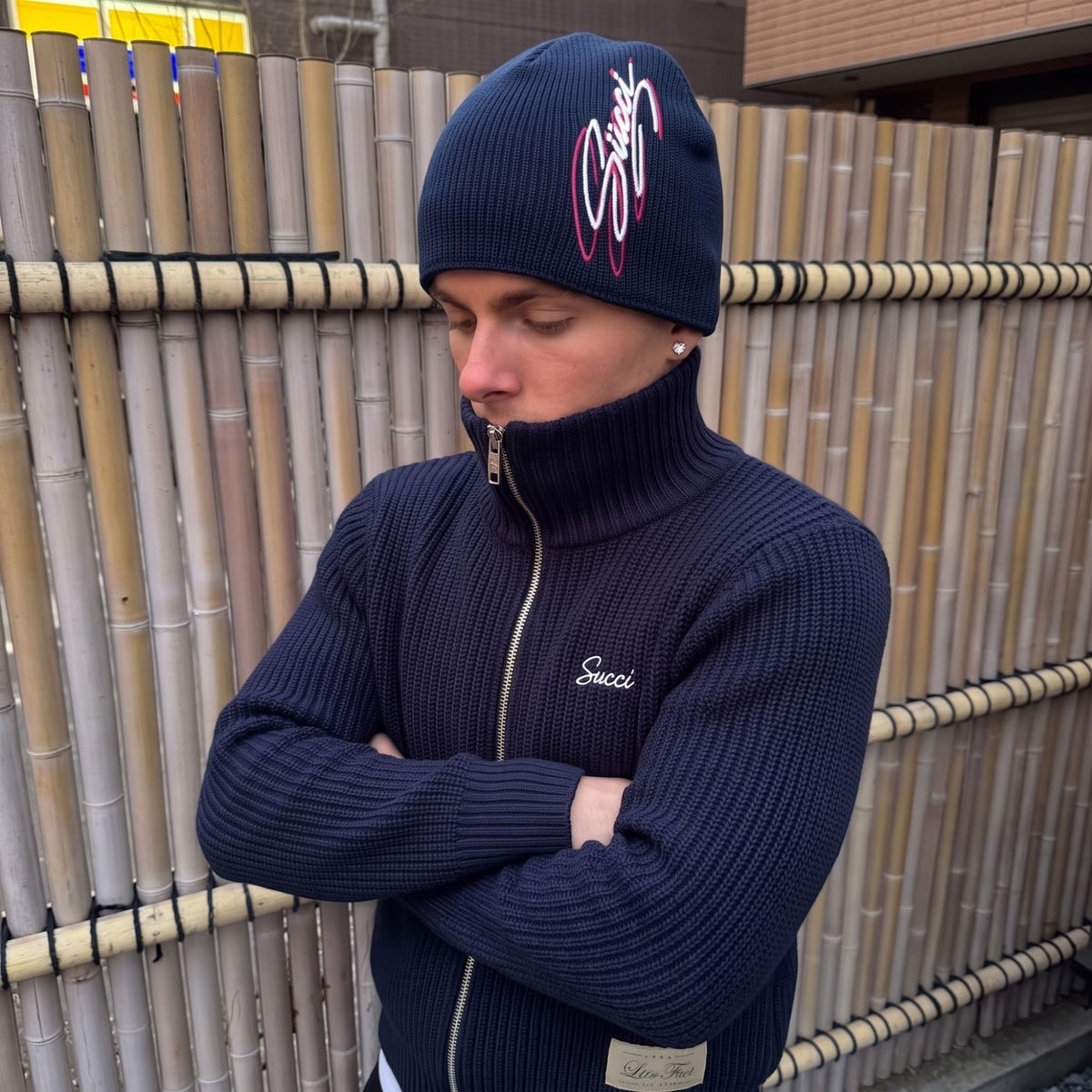 Navy Succi Skull Cap on model